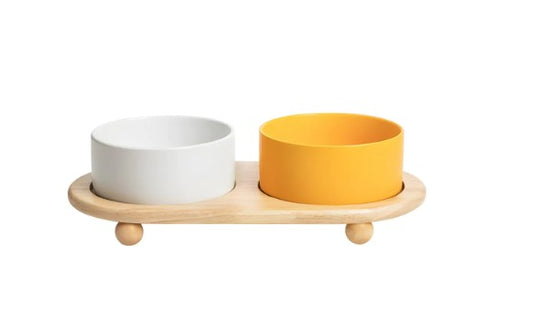 Ceramic Bowls with Non-Slip Wooden Stand 13.5oz/Bowl Adjustable Height